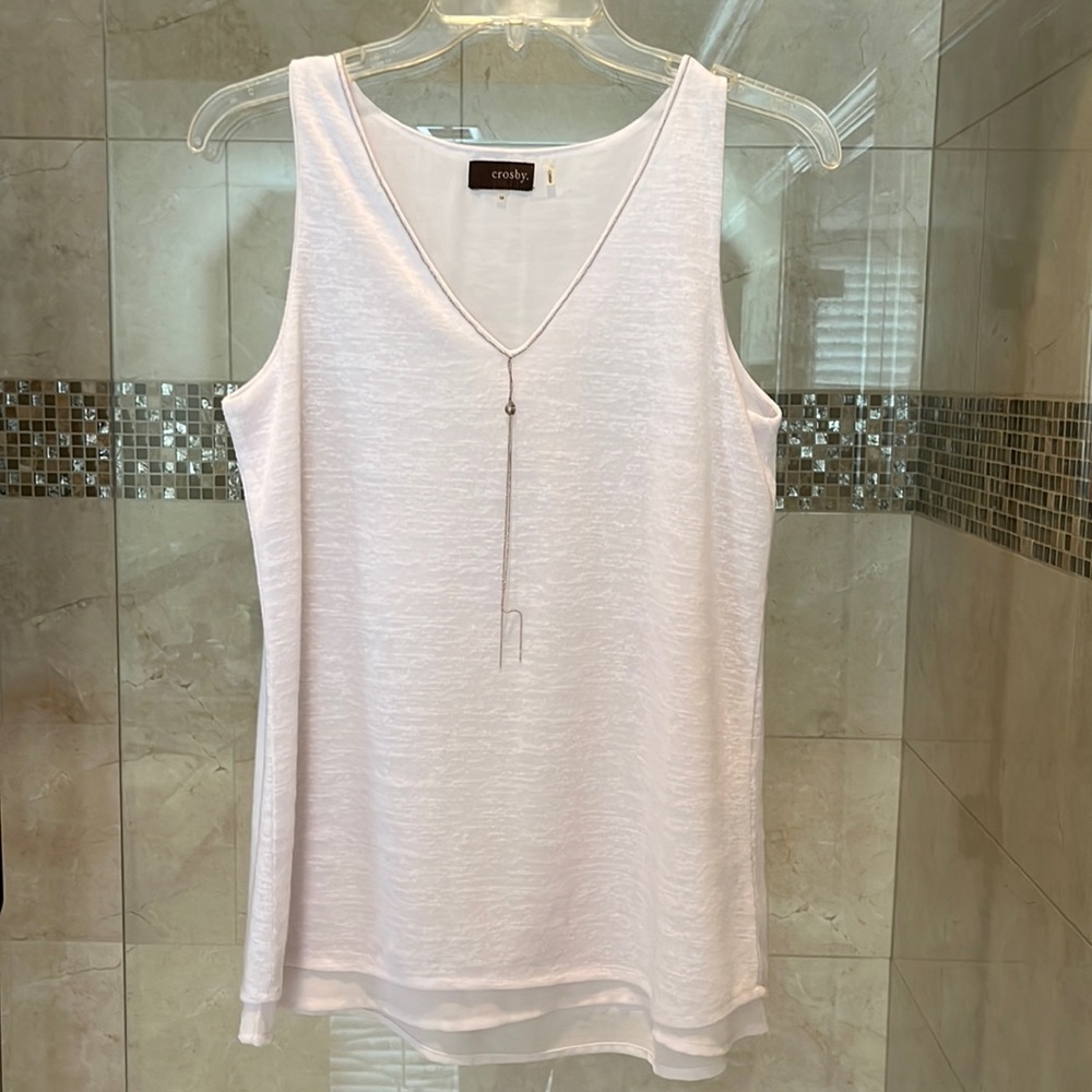 Casual, semi dressy, white tank top with chain detail, size medium